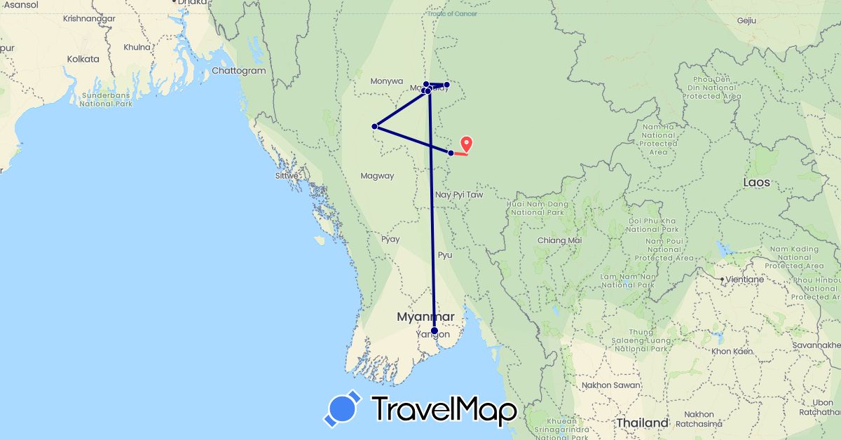TravelMap itinerary: driving, hiking in Myanmar (Burma) (Asia)
